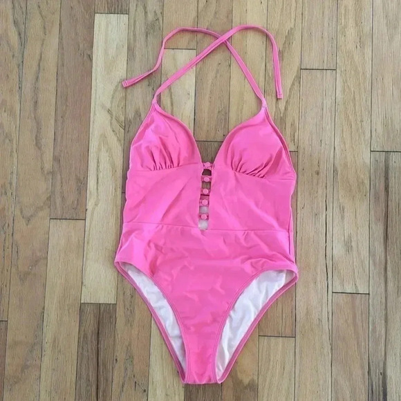 CUPSHE Women's One Piece Swimsuit Pink Deep-V Bathing Suit Sz L - Picture 1 of 8